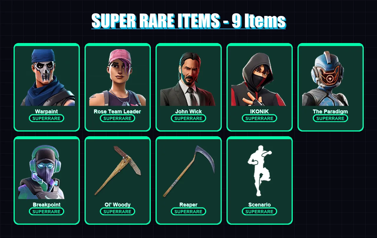 [PC/XBOX/PSN] | Warpaint | Rose Team Leader | John Wick | IKONIK | The Paradigm | 153 skin | 130 pickaxe | 163 emote | 106 glider | Lv1269