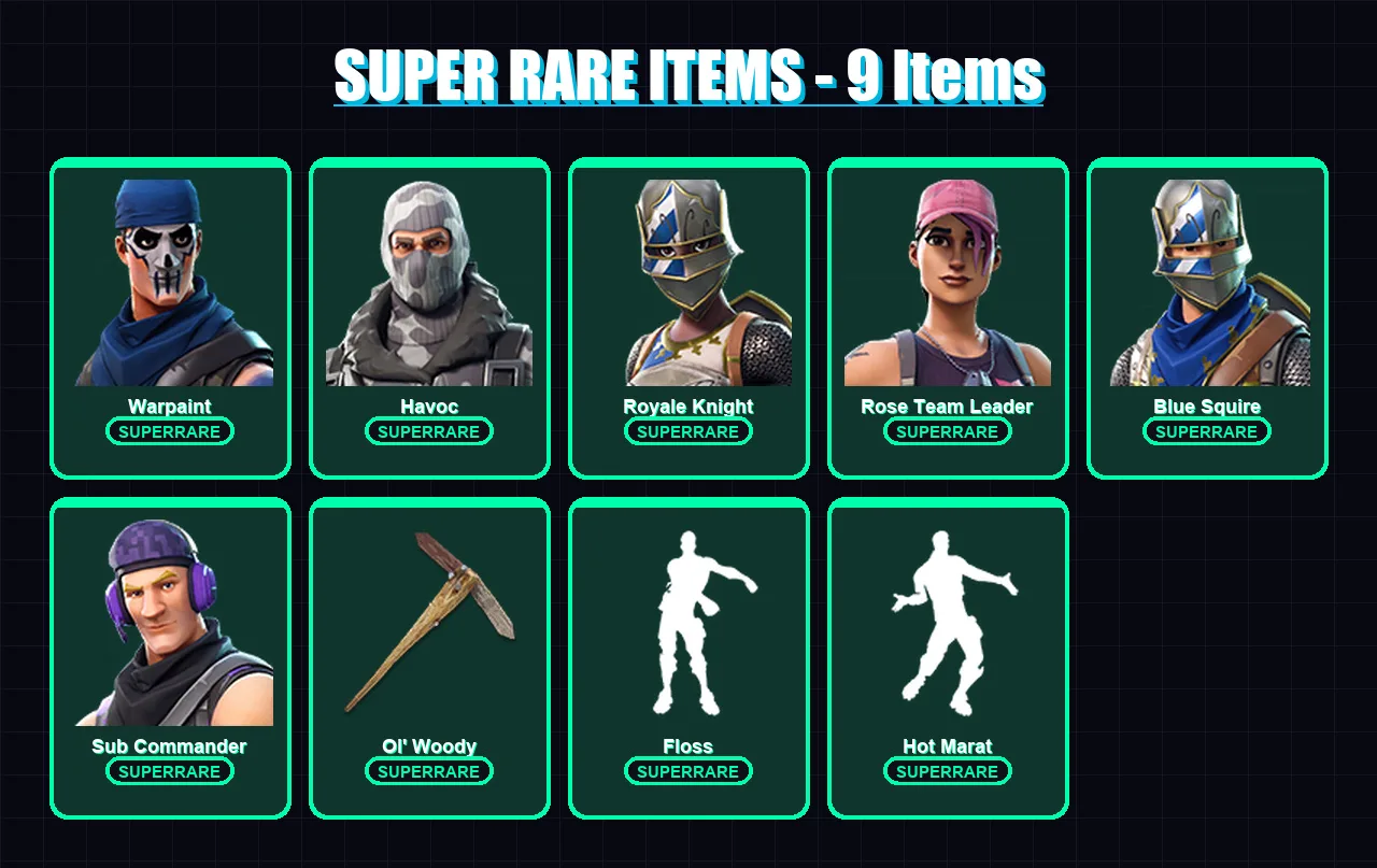 [PC] | Warpaint | Havoc | Royale Knight | Rose Team Leader | Blue Squire | 32 skin | 37 pickaxe | 31 emote | 46 glider | Lv469
