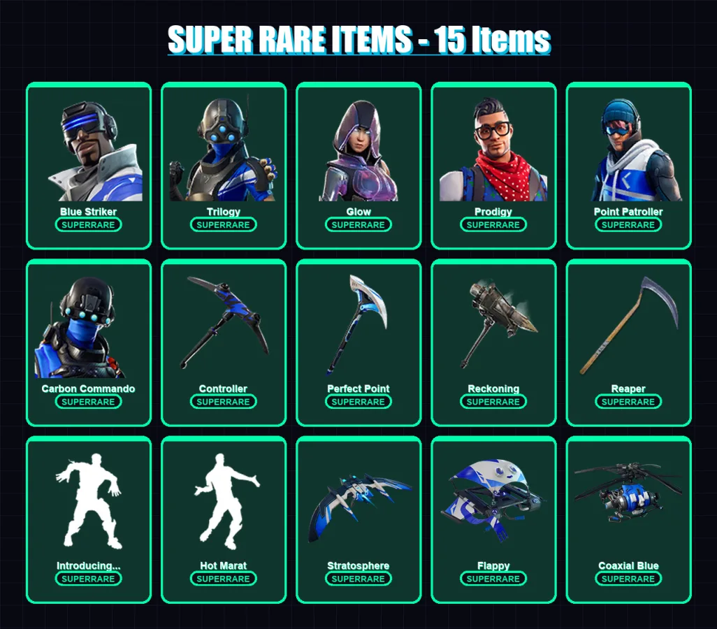 [PS4/PS5/XBOX/PC] | Blue Striker | Trilogy | Glow | Prodigy | Point Patroller | 37 skin | 28 pickaxe | 45 emote | 35 glider | Lv435