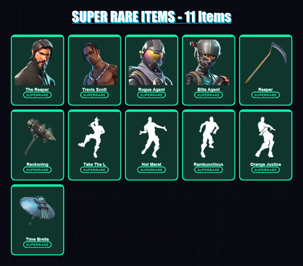 [PC/XBOX/PSN] | The Reaper | Travis Scott | Rogue Agent | Elite Agent | The Visitor | 82 skin | 84 pickaxe | 113 emote | 90 glider | Lv1408