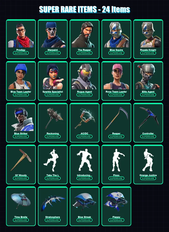 [PS4/PS5/XBOX/PC] | Prodigy | Warpaint | The Reaper | Blue Squire | Royale Knight | 120 skin | 158 pickaxe | 123 emote | 146 glider | Lv2268