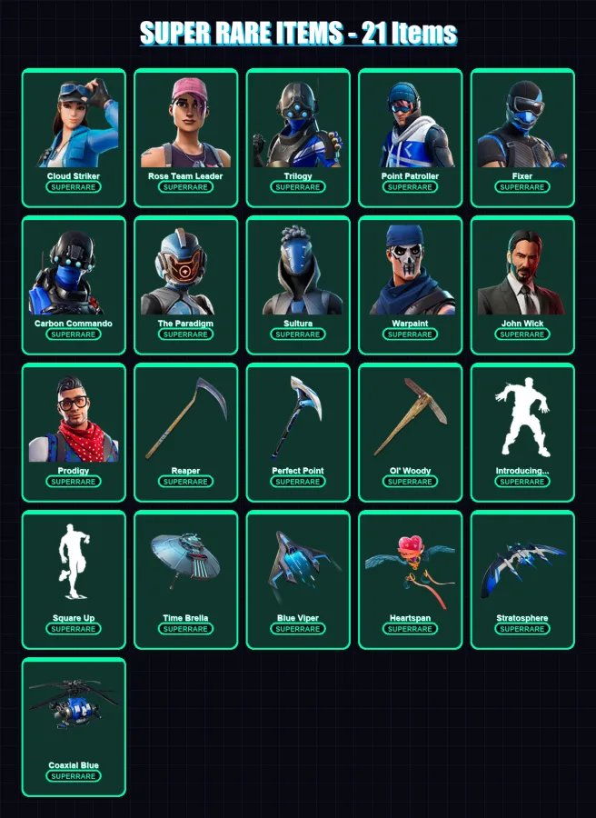 [PS4/PS5/XBOX/PC] | Cloud Striker | Rose Team Leader | Trilogy | Point Patroller | Fixer | 210 skin | 227 pickaxe | 205 emote | 196 glider | Lv2958