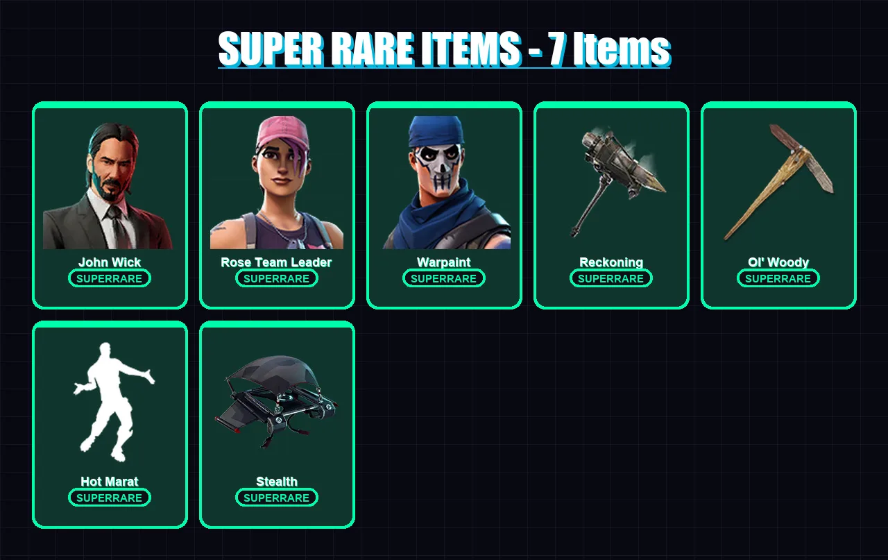 [PC/PSN] | John Wick | Rose Team Leader | Warpaint | Ruin | Ultima Knight | 99 skin | 77 pickaxe | 76 emote | 83 glider | Lv885