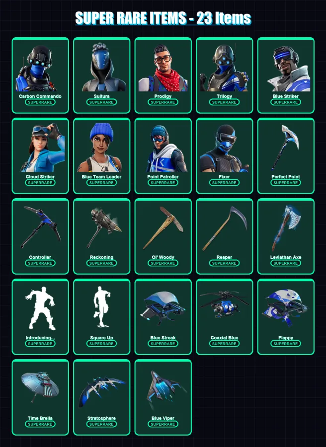 [PS4/PS5/XBOX/PC] | Carbon Commando | Sultura | Prodigy | Trilogy | Blue Striker | 157 skin | 184 pickaxe | 137 emote | 146 glider | Lv2028