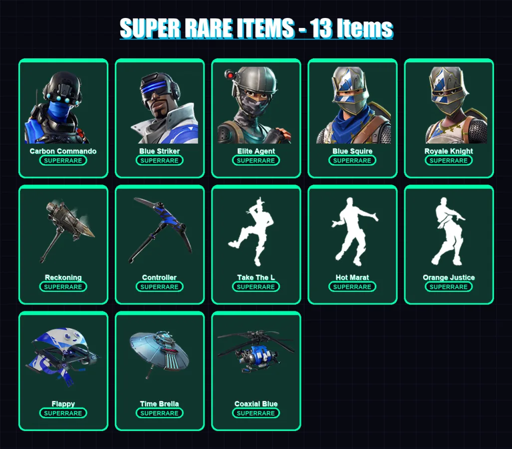 [PC/XBOX/PSN] | Carbon Commando | Blue Striker | Elite Agent | Blue Squire | Royale Knight | 72 skin | 65 pickaxe | 64 emote | 71 glider | Lv1024 — Fortnite account