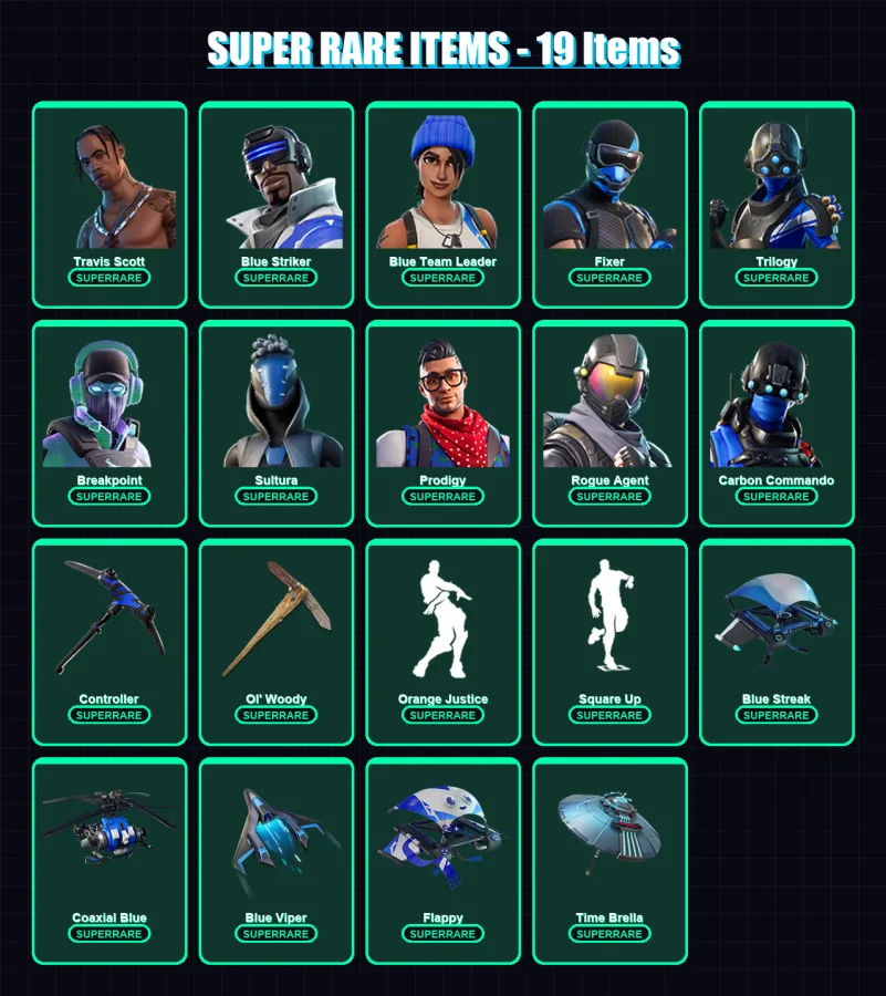 [PC/XBOX] | Travis Scott | Blue Striker | Blue Team Leader | Fixer | Trilogy | 152 skin | 160 pickaxe | 153 emote | 160 glider | Lv2261
