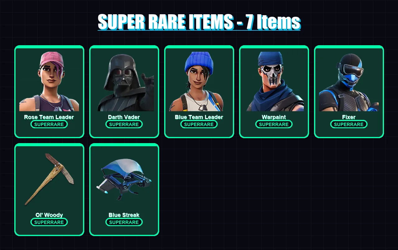 [PC] | Rose Team Leader | Darth Vader | Blue Team Leader | Warpaint | Fixer | 75 skin | 72 pickaxe | 61 emote | 56 glider | Lv762