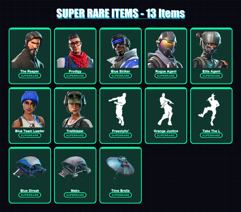 [PS4/PS5/XBOX/PC] | The Reaper | Prodigy | Blue Striker | Rogue Agent | Elite Agent | 71 skin | 61 pickaxe | 71 emote | 75 glider | Lv1020