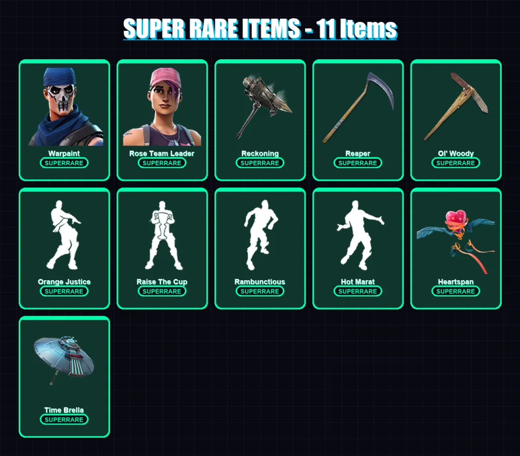 [PC/PSN] | Warpaint | Rose Team Leader | Blackheart | Enforcer | Midas | 96 skin | 135 pickaxe | 134 emote | 129 glider | Lv1875