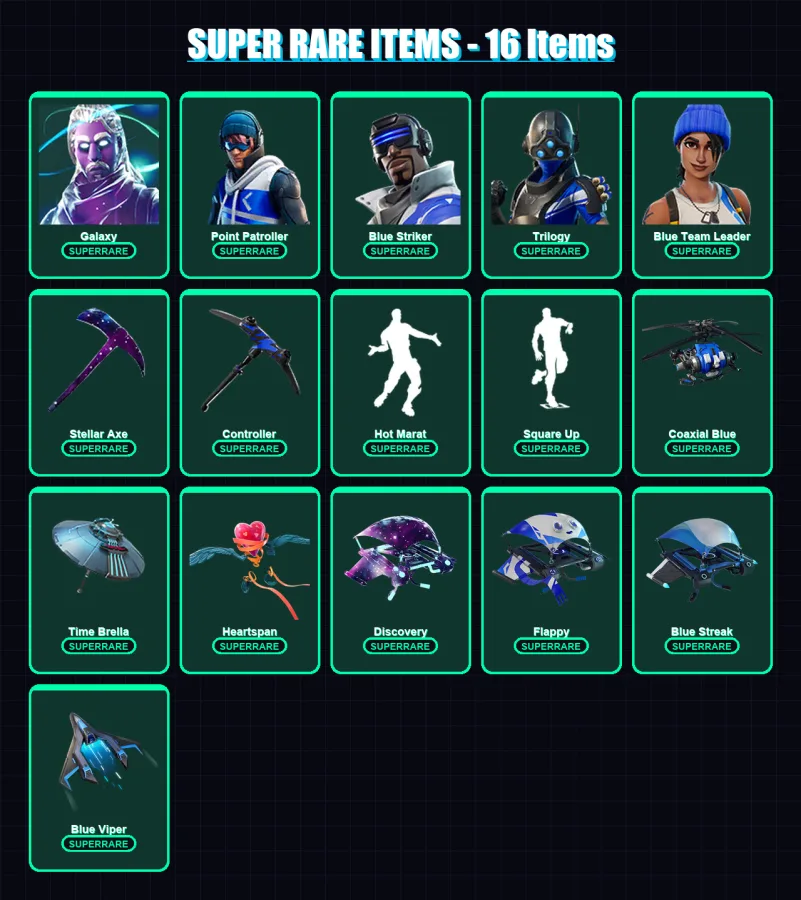 [PS4/PS5/XBOX/PC] | Galaxy | Point Patroller | Blue Striker | Trilogy | Blue Team Leader | 87 skin | 131 pickaxe | 96 emote | 114 glider | Lv1578