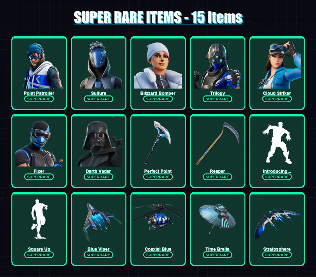 [PC] | Point Patroller | Sultura | Blizzard Bomber | Trilogy | Cloud Striker | 193 skin | 166 pickaxe | 147 emote | 132 glider | Lv1648