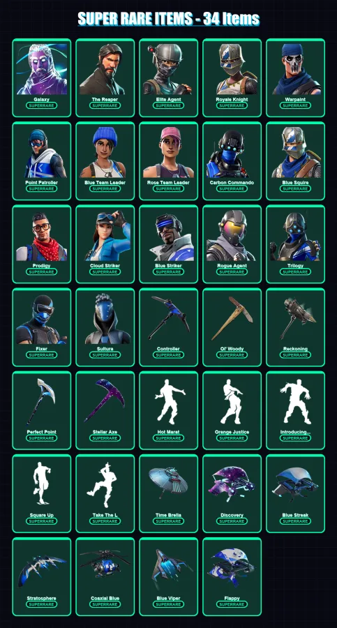 [PS4/PS5/XBOX/PC] | Galaxy | The Reaper | Elite Agent | Royale Knight | Warpaint | 209 skin | 226 pickaxe | 192 emote | 191 glider | Lv2544