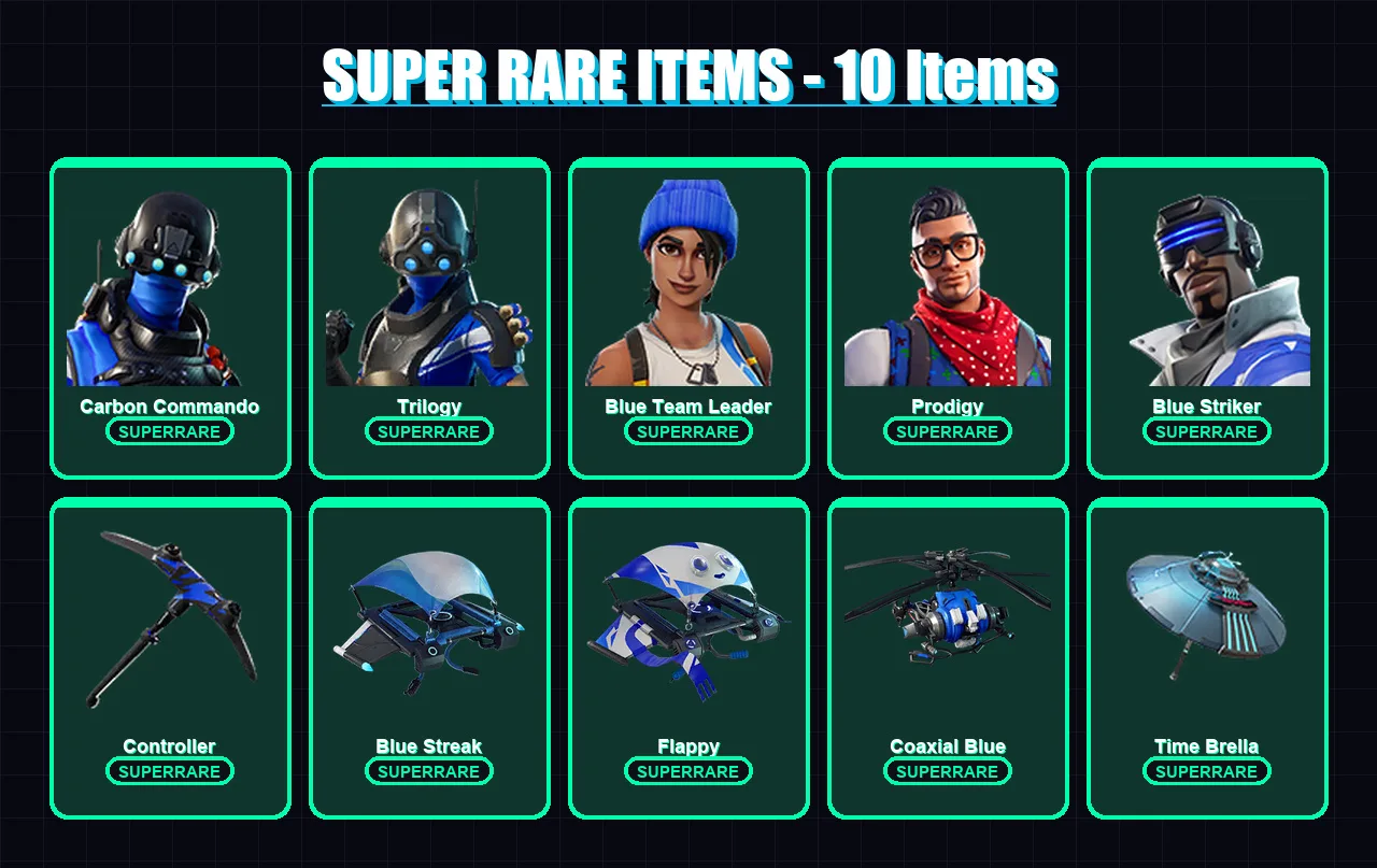 [PS4/PS5/XBOX/PC] | Carbon Commando | Trilogy | Blue Team Leader | Prodigy | Blue Striker | 86 skin | 172 pickaxe | 115 emote | 119 glider | Lv3770