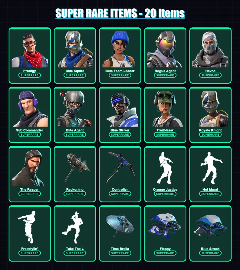 [PS4/PS5/XBOX/PC] | Prodigy | Blue Squire | Blue Team Leader | Rogue Agent | Havoc | 55 skin | 29 pickaxe | 35 emote | 34 glider | Lv411