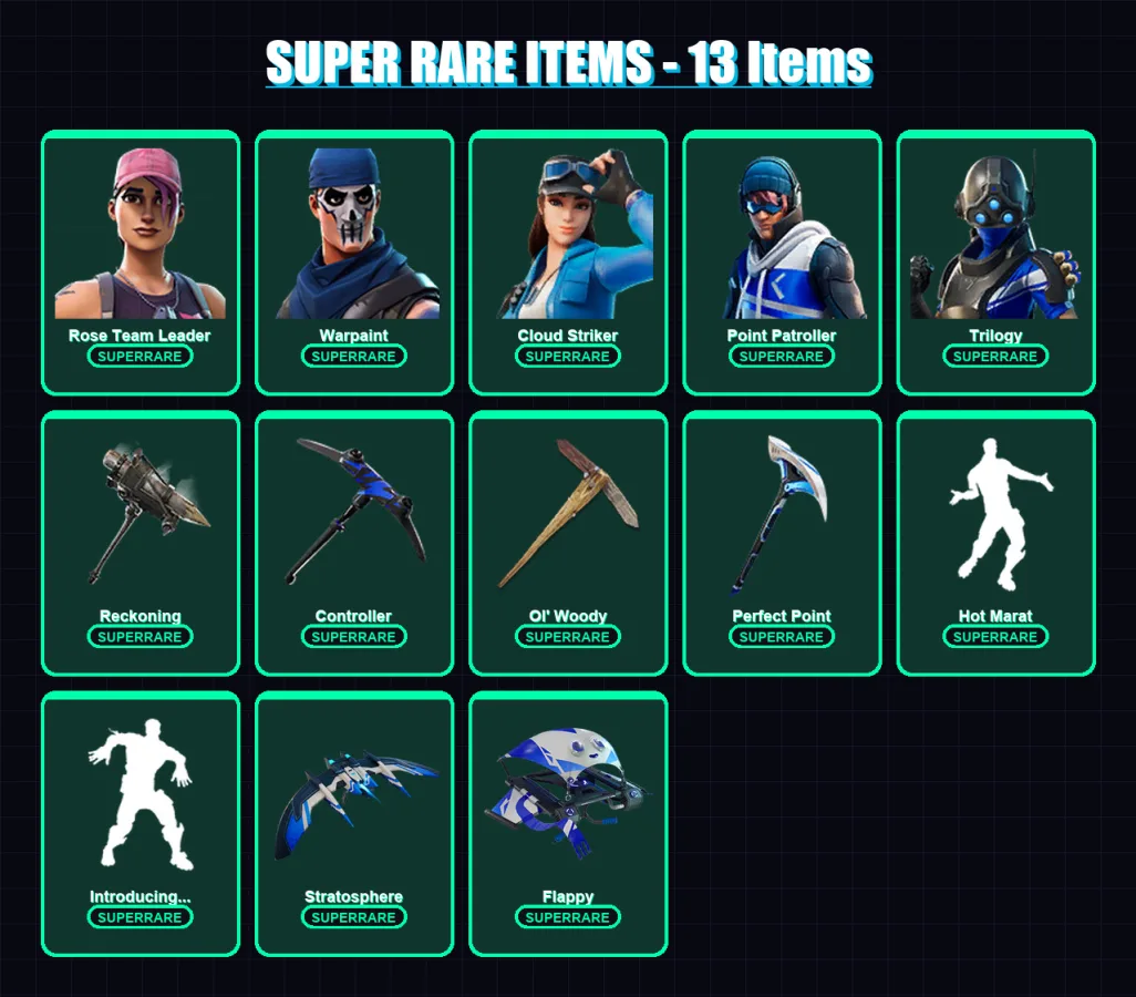 [PC/XBOX/PSN] | Rose Team Leader | Warpaint | Cloud Striker | Point Patroller | Trilogy | 117 skin | 102 pickaxe | 120 emote | 95 glider | Lv1376 — Fortnite account