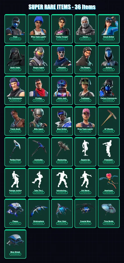 [PS4/PS5/XBOX/PC] | Fixer | Blue Team Leader | Trinity Trooper | Havoc | Cloud Striker | 604 skin | 563 pickaxe | 467 emote | 356 glider | Lv4681
