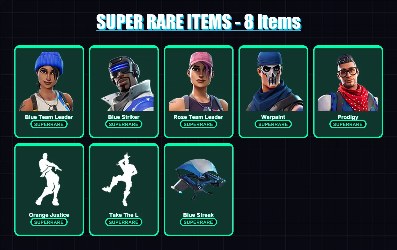 [PS4/PS5/XBOX/PC] | Blue Team Leader | Blue Striker | Rose Team Leader | Warpaint | Prodigy | 31 skin | 21 pickaxe | 33 emote | 25 glider | Lv208