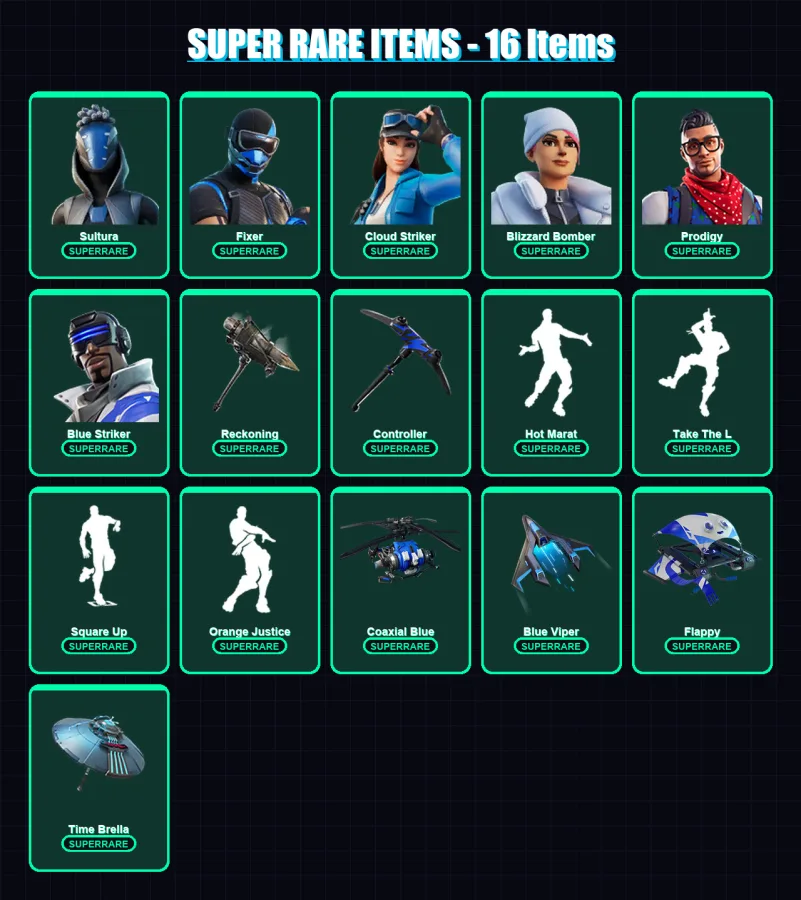 [PS4/PS5/XBOX/PC] | Sultura | Fixer | Cloud Striker | Blizzard Bomber | Prodigy | 101 skin | 118 pickaxe | 109 emote | 120 glider | Lv1811 — Fortnite account