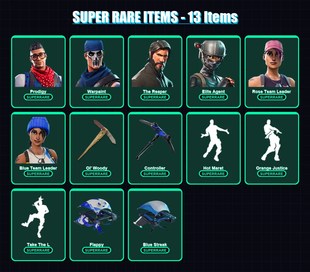 [PC/XBOX/PSN] | Prodigy | Warpaint | The Reaper | Elite Agent | Rose Team Leader | 162 skin | 196 pickaxe | 158 emote | 131 glider | Lv1686