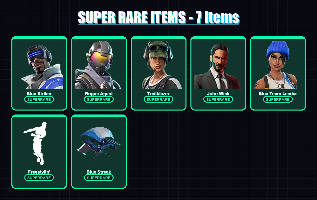 [PC/XBOX/PSN] | Blue Striker | Rogue Agent | Trailblazer | John Wick | Blue Team Leader | 7 skin | 7 pickaxe | 12 emote | 10 glider | Lv119