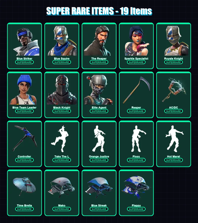 [PC] | Blue Striker | Blue Squire | The Reaper | Sparkle Specialist | Royale Knight | 53 skin | 114 pickaxe | 88 emote | 99 glider | Lv1748 — Fortnite account