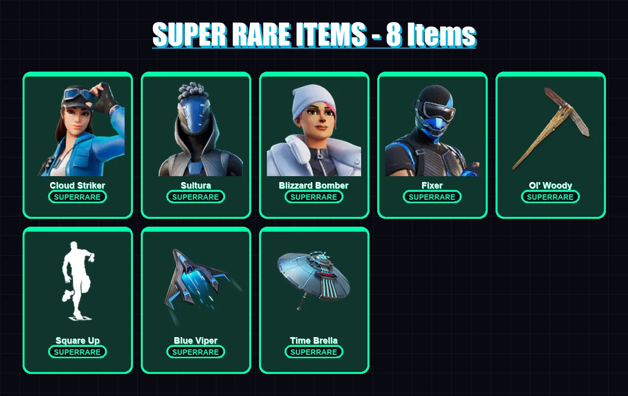[PC] | Cloud Striker | Sultura | Blizzard Bomber | Fixer | The Ageless | 263 skin | 294 pickaxe | 151 emote | 183 glider | Lv2116