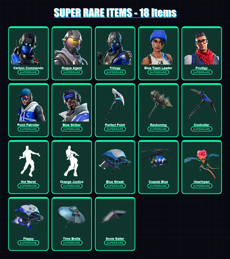 [PS4/PS5/XBOX/PC] | Carbon Commando | Rogue Agent | Trilogy | Blue Team Leader | Prodigy | 49 skin | 41 pickaxe | 43 emote | 40 glider | Lv484