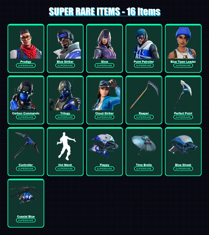 [PC/XBOX] | Prodigy | Blue Striker | Glow | Point Patroller | Blue Team Leader | 91 skin | 108 pickaxe | 117 emote | 109 glider | Lv1600