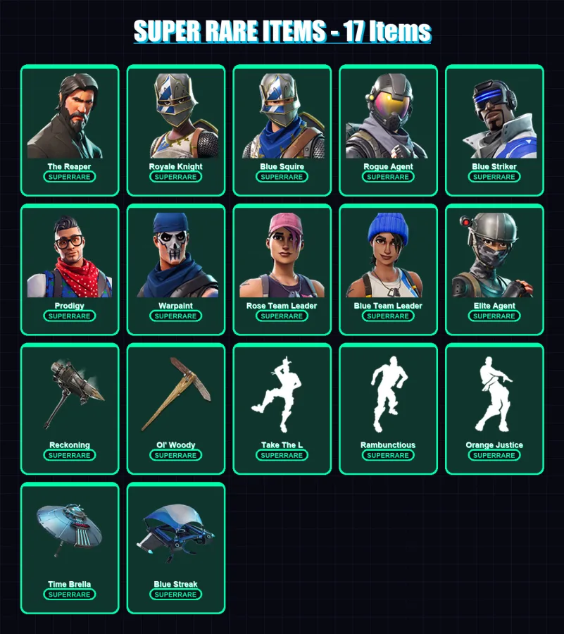 [PC] | The Reaper | Royale Knight | Blue Squire | Rogue Agent | Blue Striker | 117 skin | 129 pickaxe | 123 emote | 113 glider | Lv1899