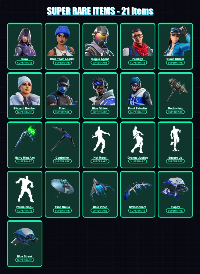 [PS4/PS5/XBOX/PC] | Glow | Blue Team Leader | Rogue Agent | Prodigy | Cloud Striker | 74 skin | 82 pickaxe | 75 emote | 88 glider | Lv1222