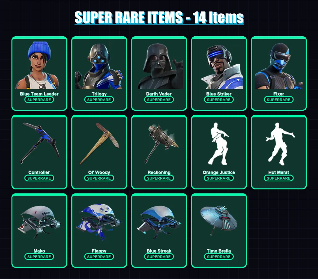 [PS4/PS5/PC] | Blue Team Leader | Trilogy | Darth Vader | Blue Striker | Fixer | 58 skin | 68 pickaxe | 67 emote | 73 glider | Lv1065