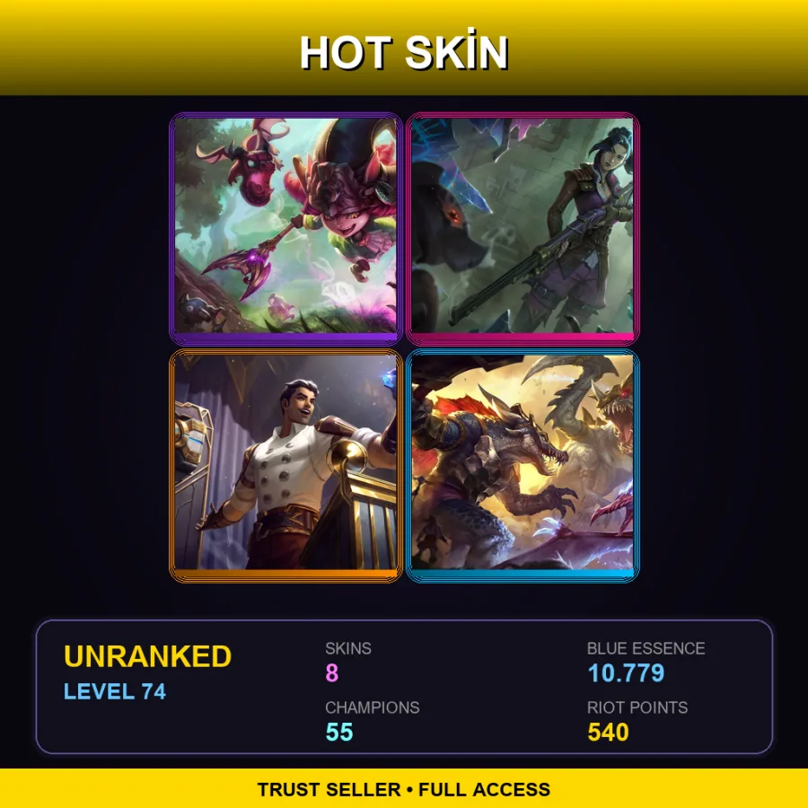 EUW | Lv74 | Unranked | 8 Skin | 55 Champ — LoL account