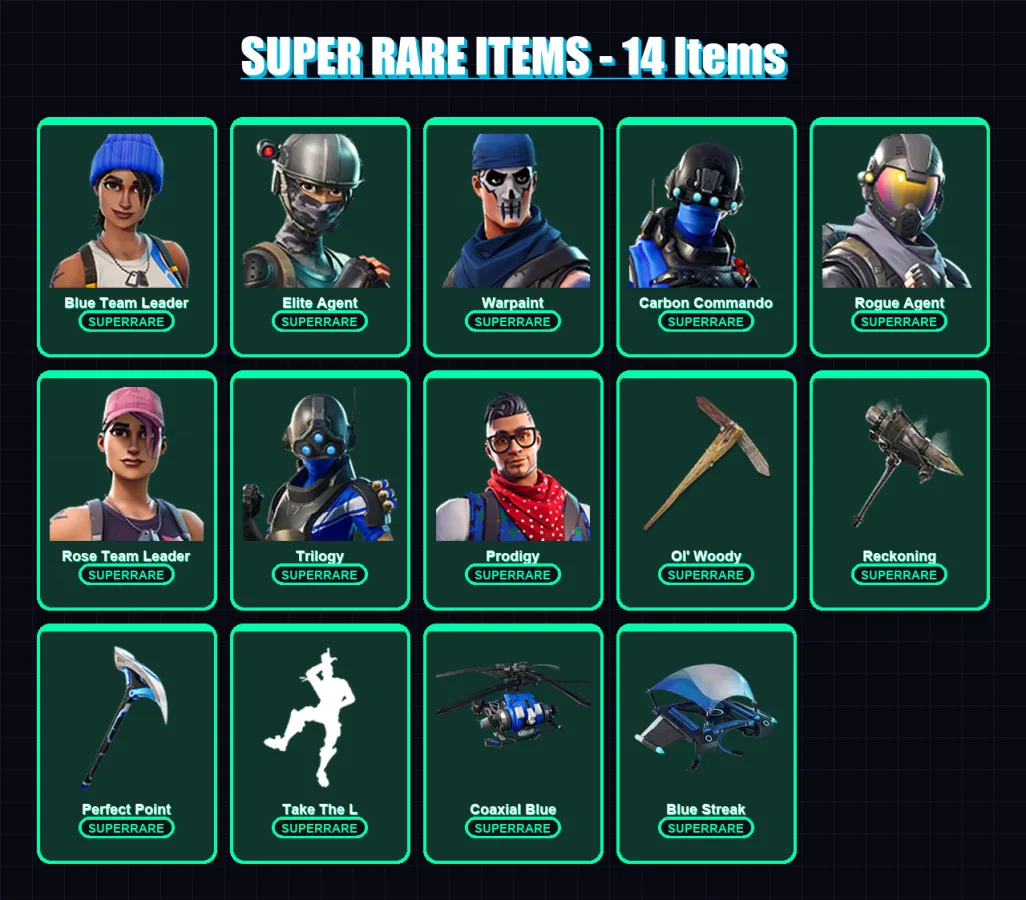 [PS4/PS5/XBOX/PC] | Blue Team Leader | Elite Agent | Warpaint | Carbon Commando | Rogue Agent | 67 skin | 62 pickaxe | 49 emote | 55 glider | Lv725 — Fortnite account