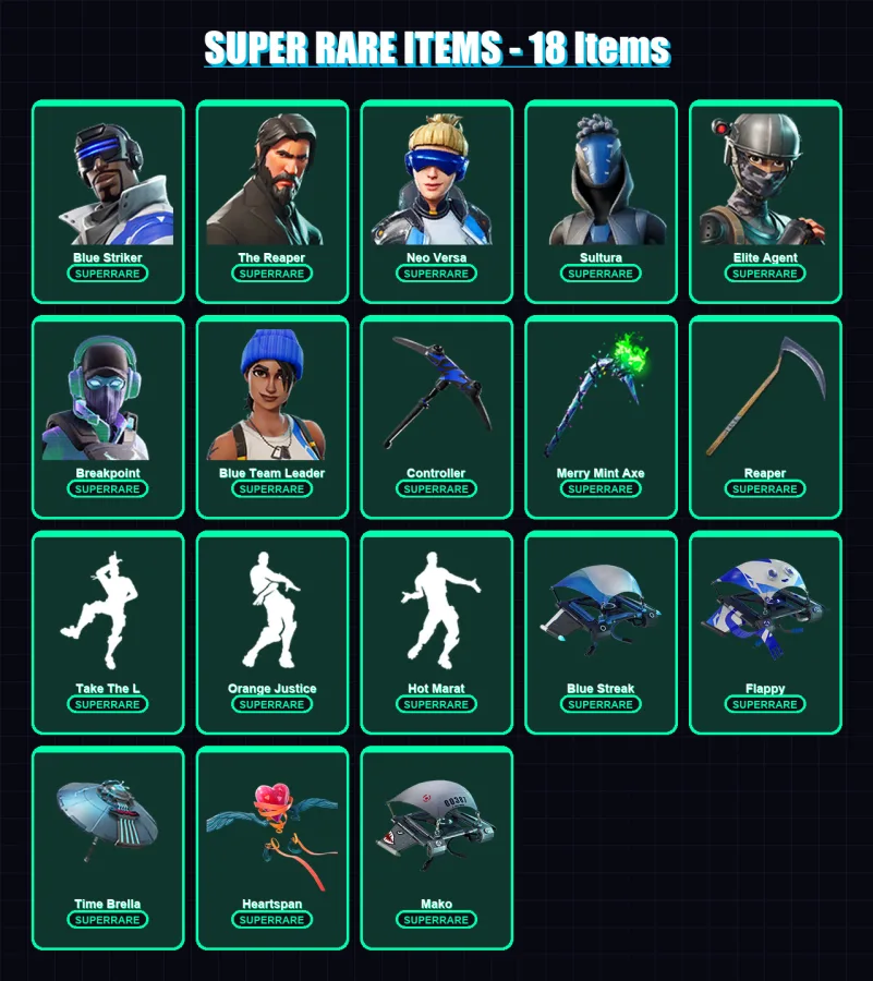 [PS4/PS5/XBOX/PC] | Blue Striker | The Reaper | Neo Versa | Sultura | Elite Agent | 154 skin | 144 pickaxe | 102 emote | 117 glider | Lv2191