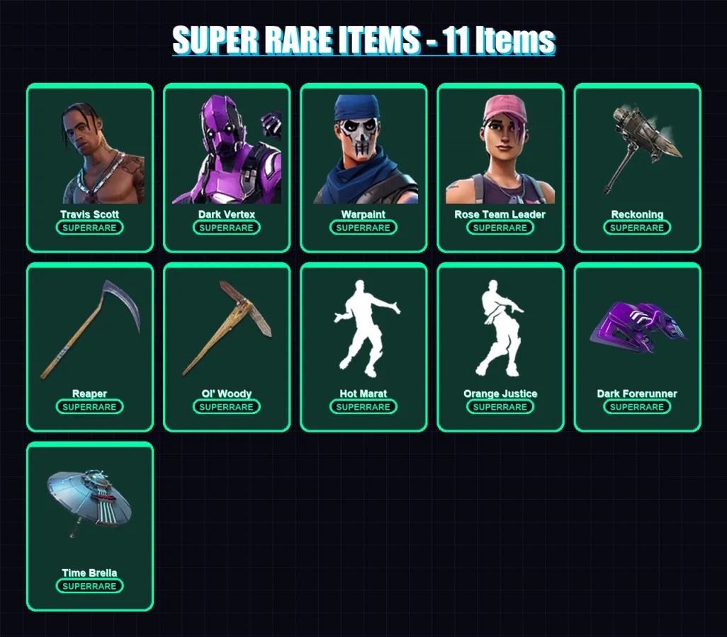 [PC/XBOX/PSN] | Travis Scott | Dark Vertex | Warpaint | Rose Team Leader | Valor | 109 skin | 102 pickaxe | 102 emote | 97 glider | Lv1412 — Fortnite account