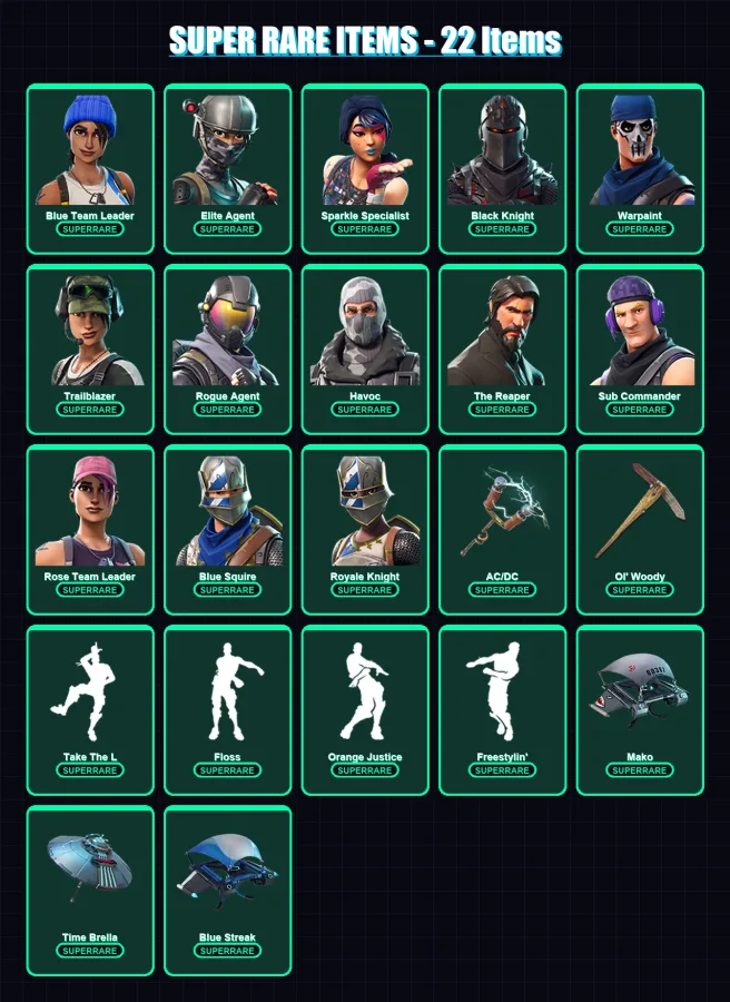 [PC] | Blue Team Leader | Elite Agent | Sparkle Specialist | Black Knight | Warpaint | 53 skin | 34 pickaxe | 44 emote | 35 glider | Lv429