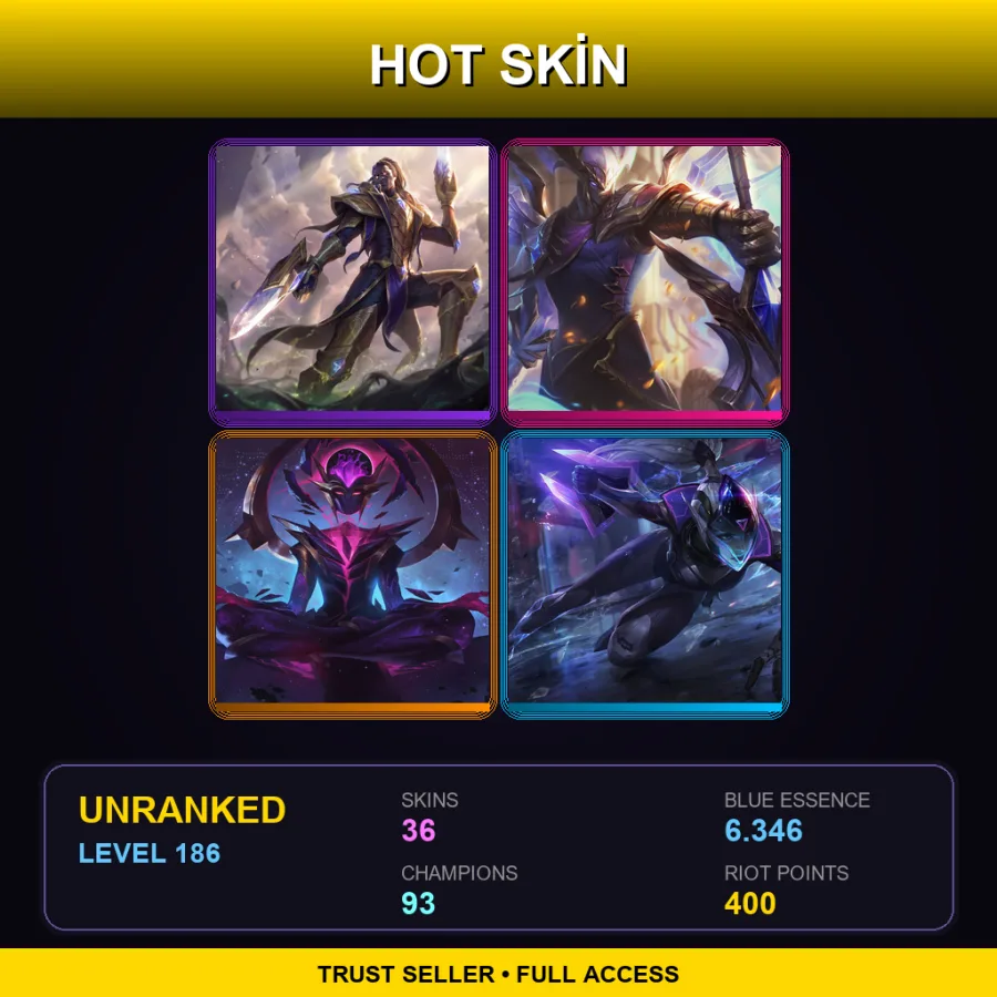 LAN | Lv186 | Unranked | 36 Skin | 93 Champ — LoL account