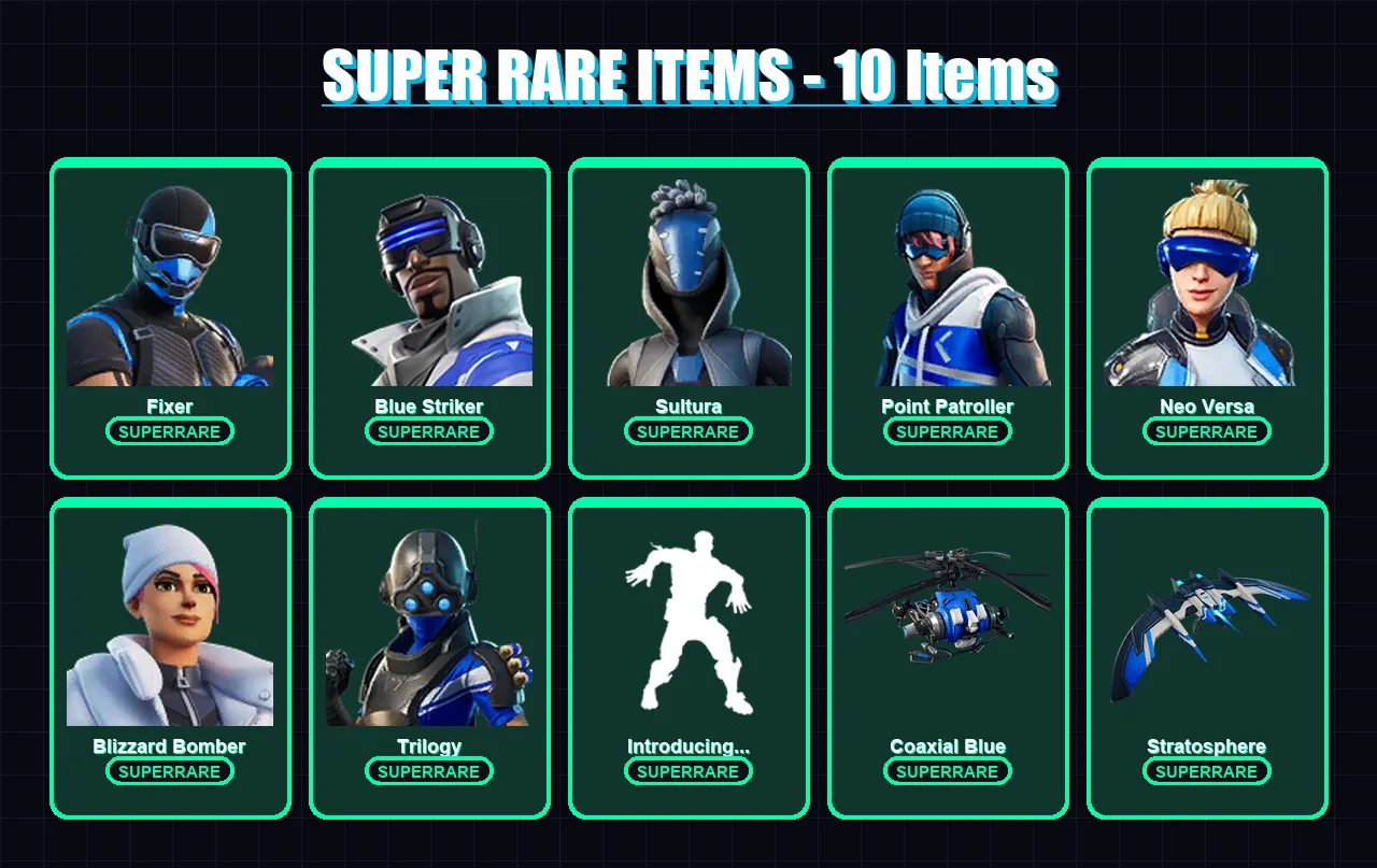 [PS4/PS5/XBOX/PC] | Fixer | Blue Striker | Sultura | Point Patroller | Neo Versa | 62 skin | 69 pickaxe | 58 emote | 66 glider | Lv926