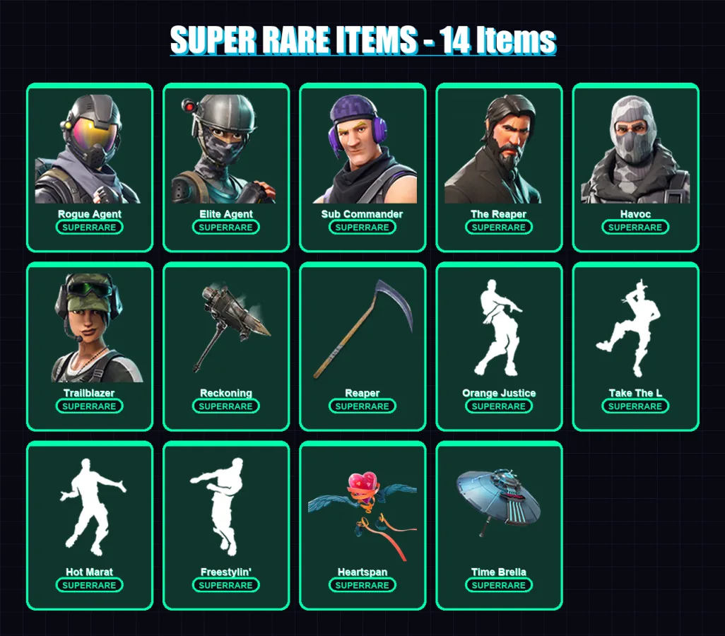 [PC/PSN] | Rogue Agent | Elite Agent | Sub Commander | The Reaper | Havoc | 142 skin | 105 pickaxe | 91 emote | 86 glider | Lv1199