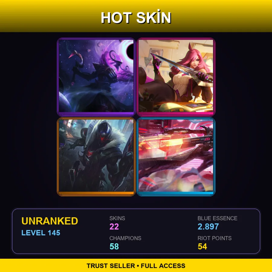 EUW | Lv145 | Unranked | 22 Skin | 58 Champ — LoL account