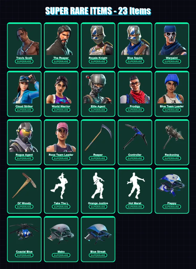 [PS4/PS5/XBOX/PC] | Travis Scott | The Reaper | Royale Knight | Blue Squire | Warpaint | 164 skin | 117 pickaxe | 118 emote | 121 glider | Lv1837