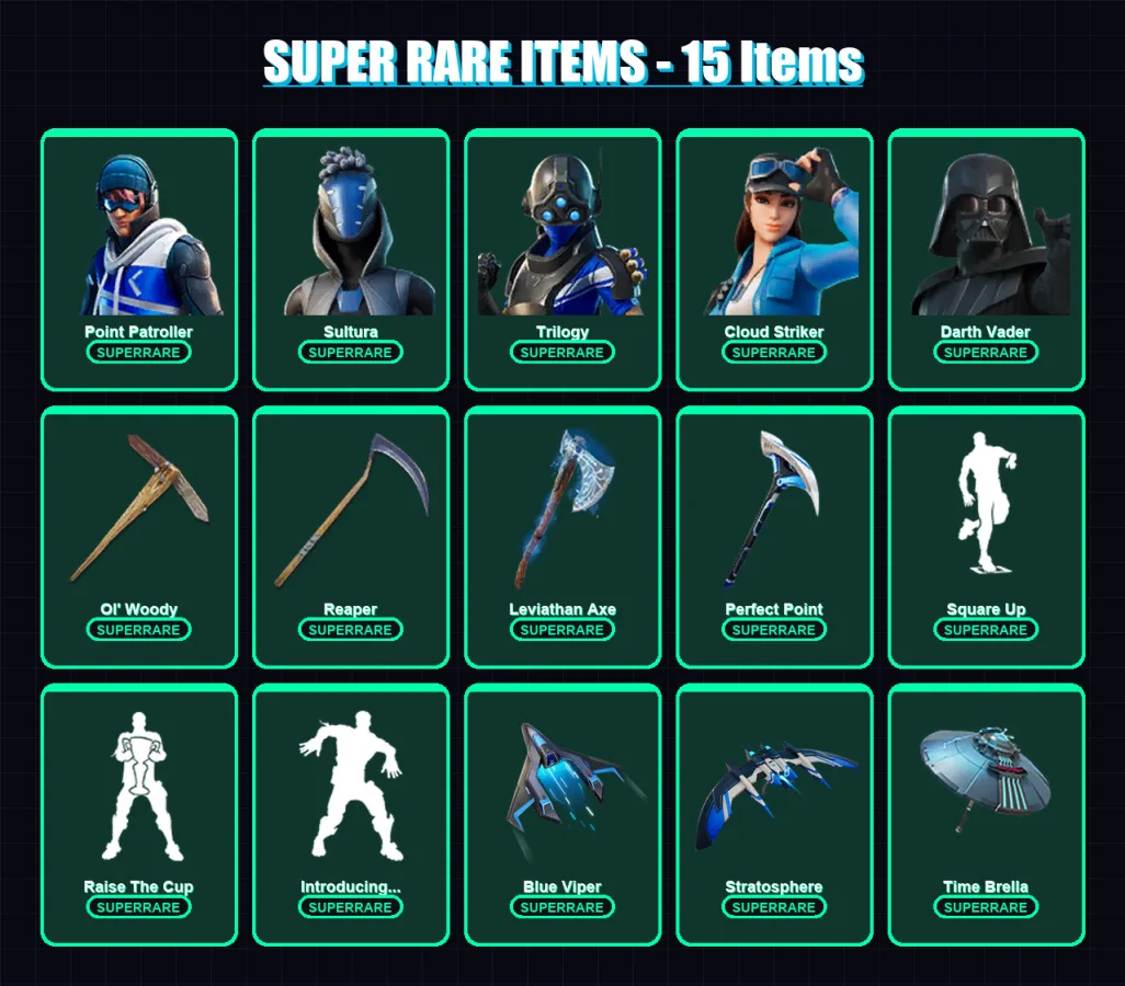 [PC/XBOX] | Point Patroller | Sultura | Trilogy | Cloud Striker | Darth Vader | 171 skin | 143 pickaxe | 177 emote | 105 glider | Lv1588