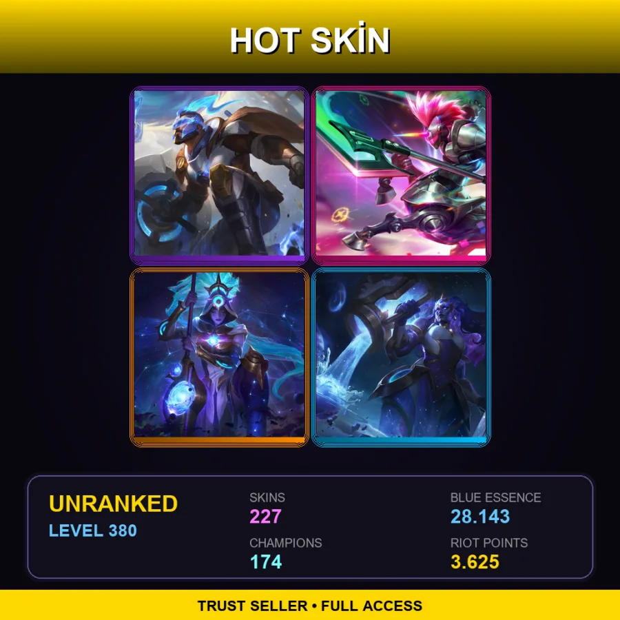 TR | Pulsefire Pantheon | Arcade Hecarim | Cosmic Huntress Nidalee | Cosmic Invoker Illaoi | 227 Skin | 174 Champ | Lv380