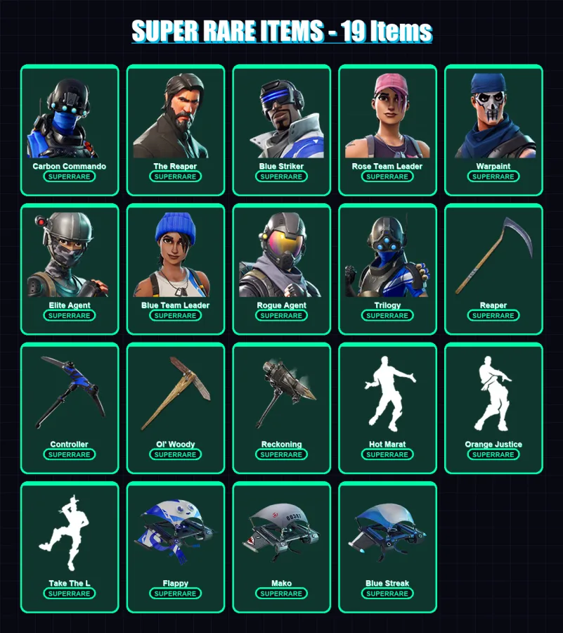 [PC/XBOX] | Carbon Commando | The Reaper | Blue Striker | Rose Team Leader | Warpaint | 68 skin | 52 pickaxe | 58 emote | 55 glider | Lv698