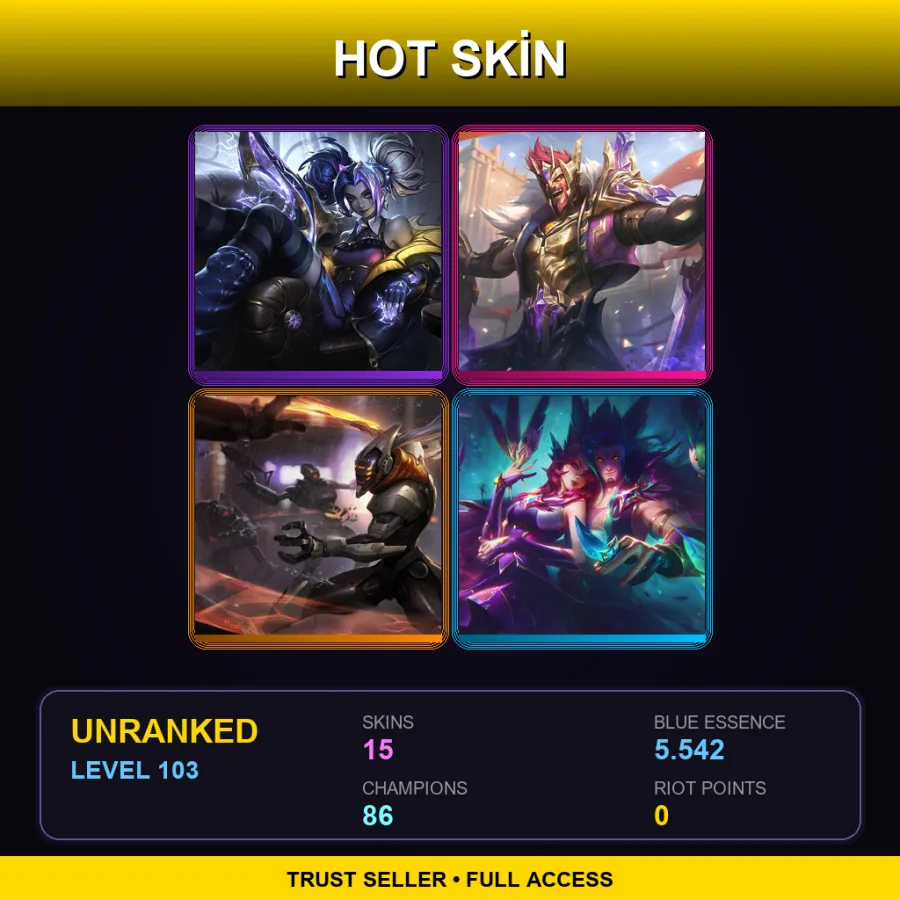 NA | Prestige Fright Night Zeri | Victorious Draven | PROJECT: Yi | Star Guardian Xayah | 15 Skin | 86 Champ | Lv103
