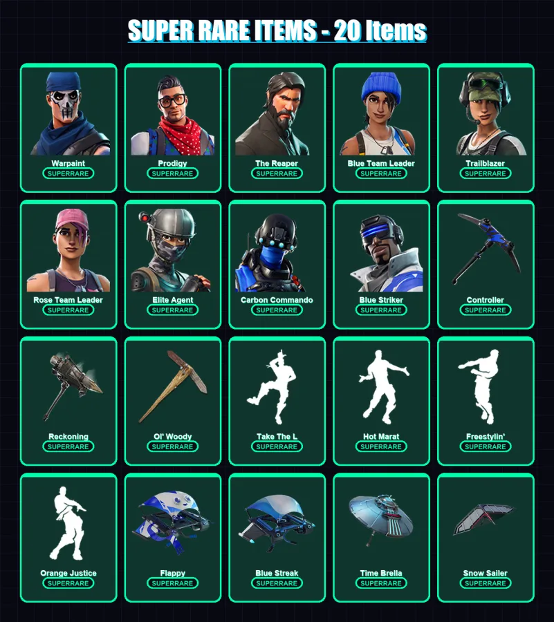 [PS4/PS5/XBOX/PC] | Warpaint | Prodigy | The Reaper | Blue Team Leader | Trailblazer | 78 skin | 82 pickaxe | 75 emote | 92 glider | Lv1129