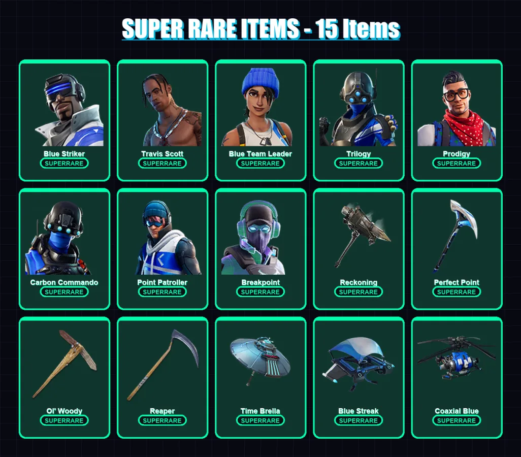 [PC/XBOX/PSN] | Blue Striker | Travis Scott | Blue Team Leader | Trilogy | Prodigy | 162 skin | 164 pickaxe | 138 emote | 140 glider | Lv2129