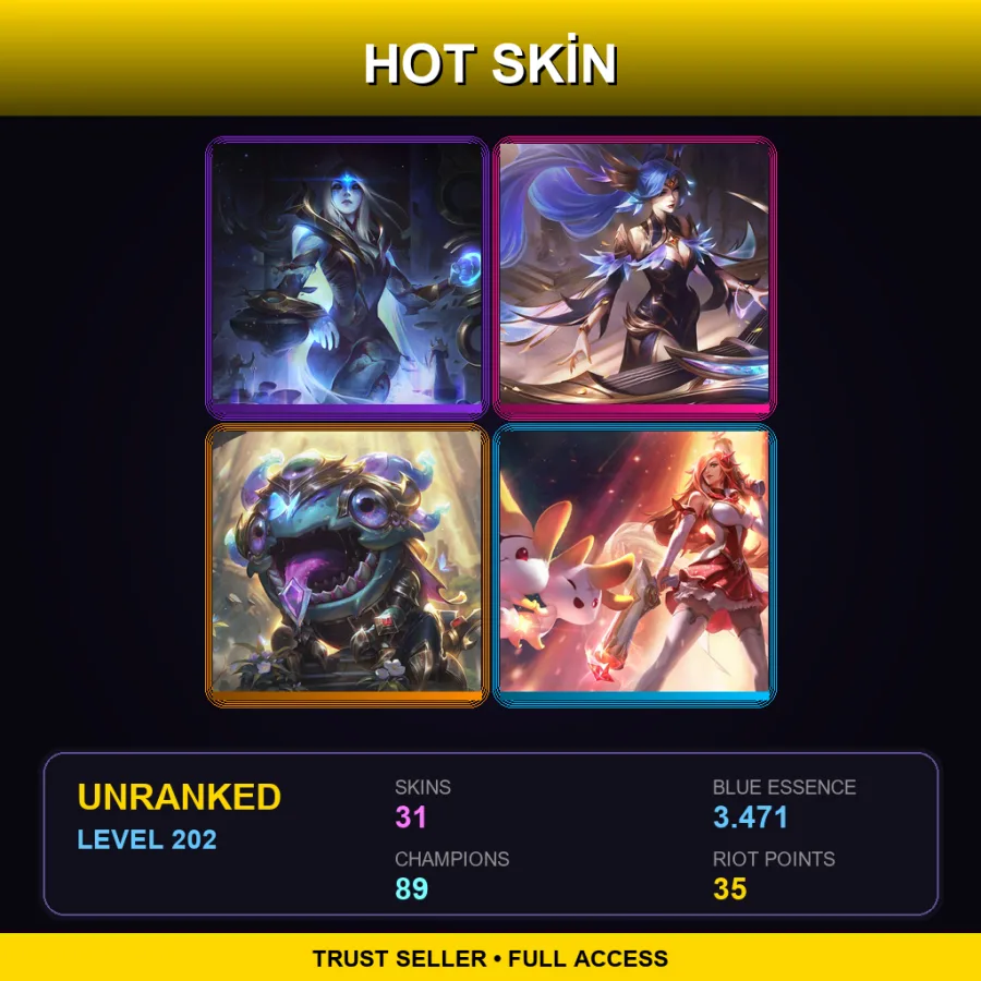 TW | Cosmic Queen Ashe | Victorious Sona | Victorious Kog'Maw | Star Guardian Miss Fortune | 31 Skin | 89 Champ | Lv202