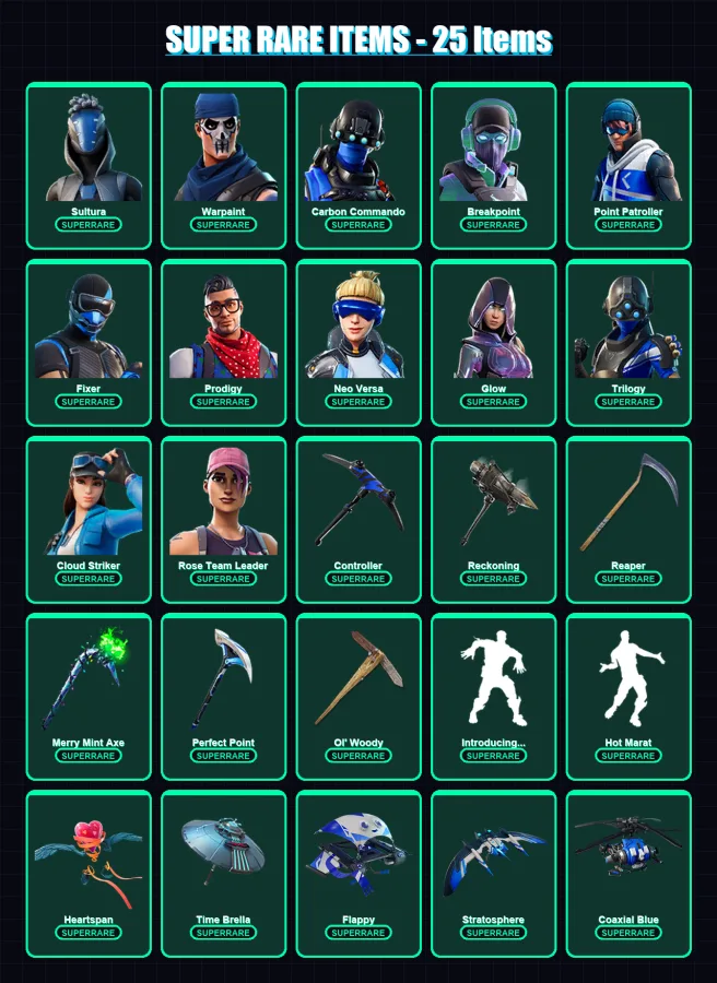 [PS4/PS5/XBOX/PC] | Sultura | Warpaint | Carbon Commando | Breakpoint | Point Patroller | 166 skin | 167 pickaxe | 135 emote | 158 glider | Lv2424