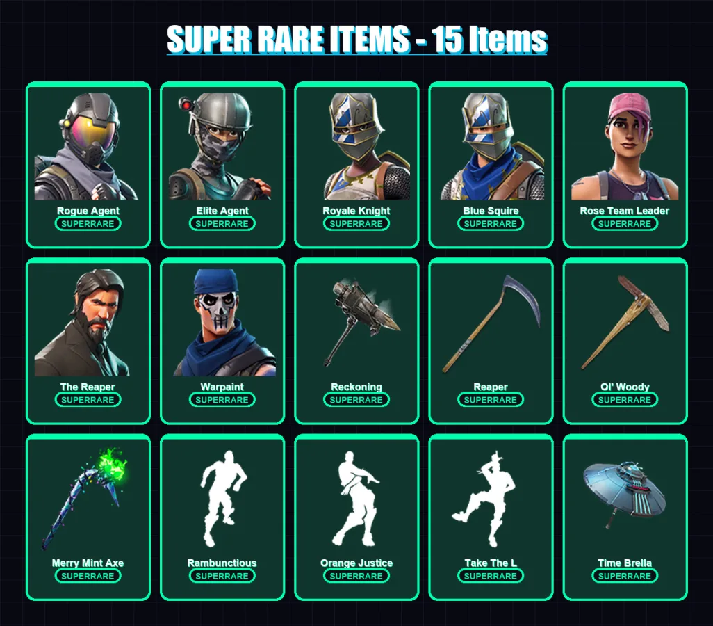 [PC/XBOX] | Rogue Agent | Elite Agent | Royale Knight | Blue Squire | Rose Team Leader | 129 skin | 211 pickaxe | 165 emote | 175 glider | Lv3365